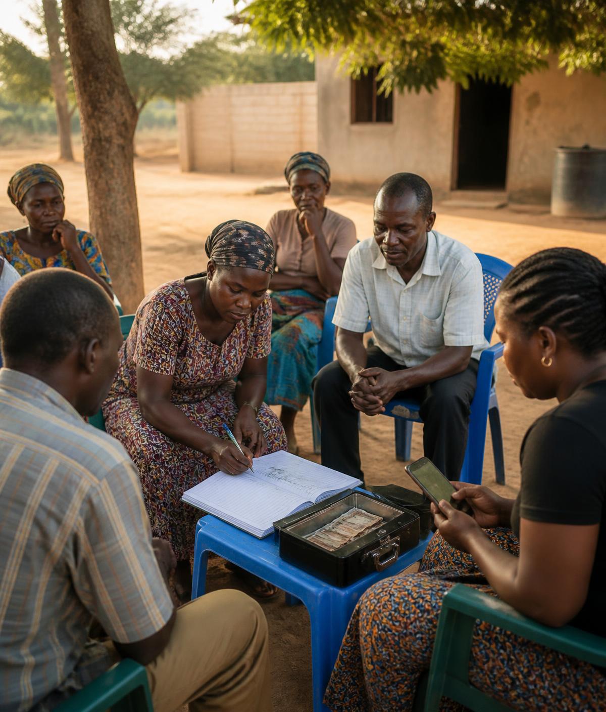 Members of a Tanzanian savings group recording contributions in a ledger during a community meeting